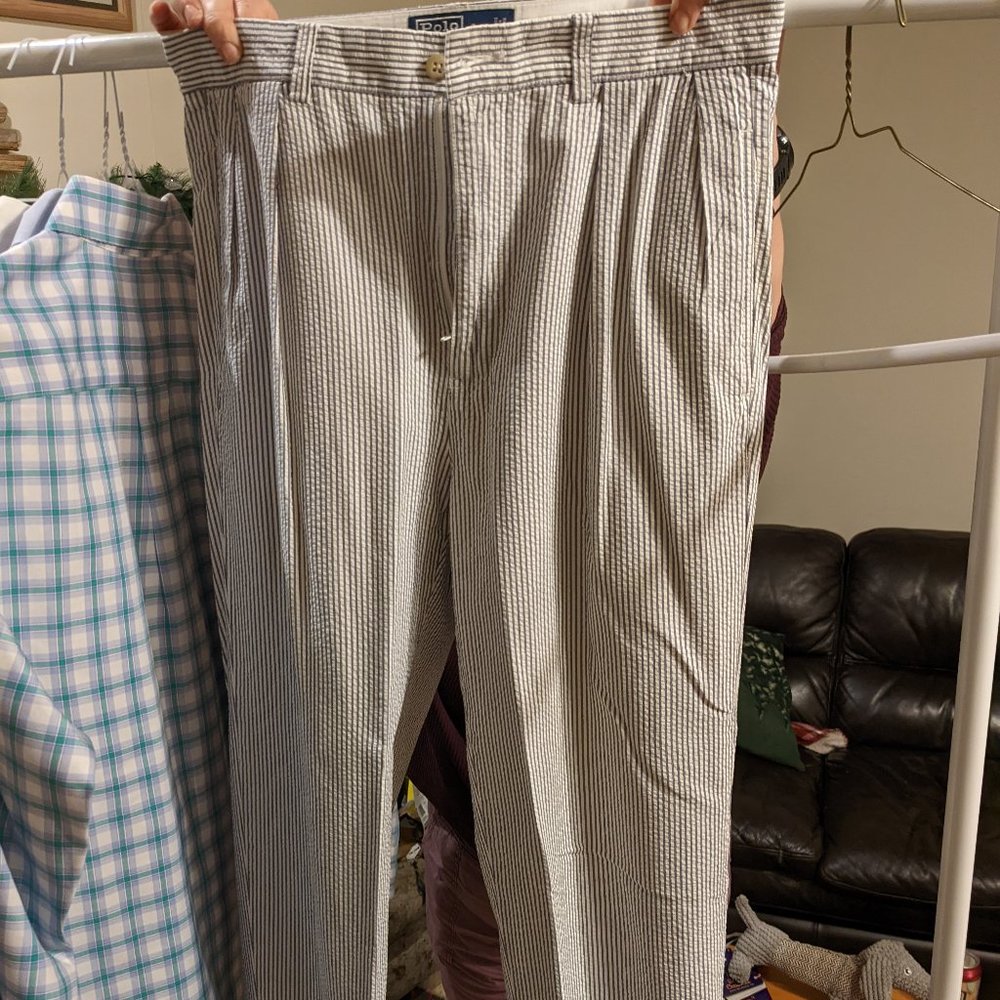 Blue Pinstriped Polo Pleated Pants